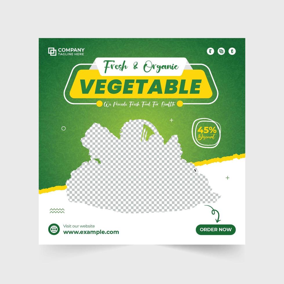 Fresh and healthy food promotional poster design for social media marketing. Organic vegetable business advertisement web banner vector. Vegetable social media post design with green backgrounds. vector