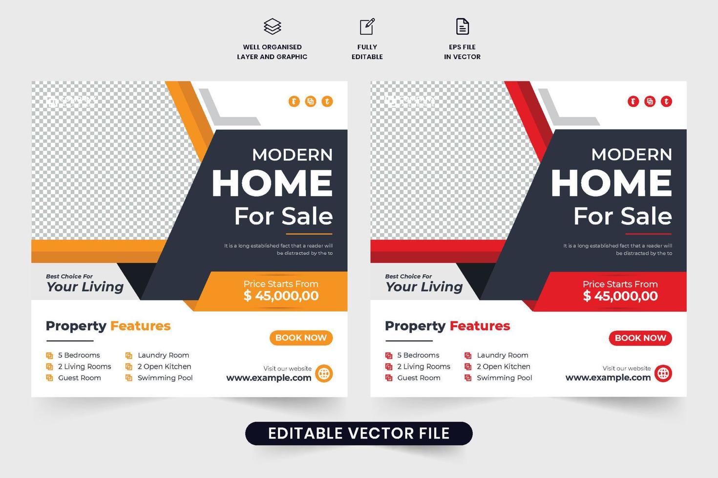 Modern home selling business promotional template design with geometric shapes. Real estate company advertisement poster vector with orange and red colors. Home sale social media post vector.
