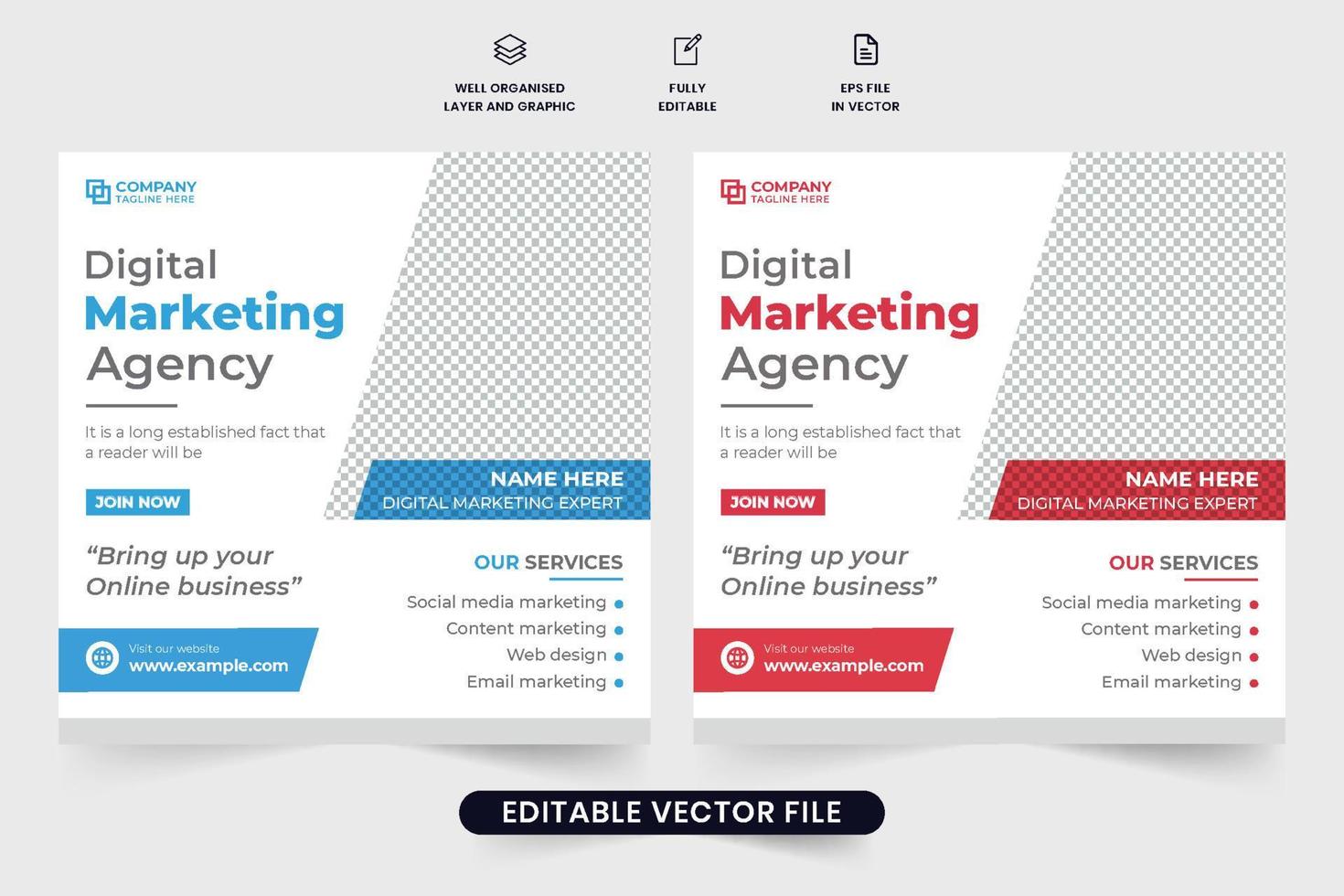 Professional digital marketing agency template design with creative shapes and photo placeholders. Company promotion web banner vector with red and blue colors. Business brand marketing template.