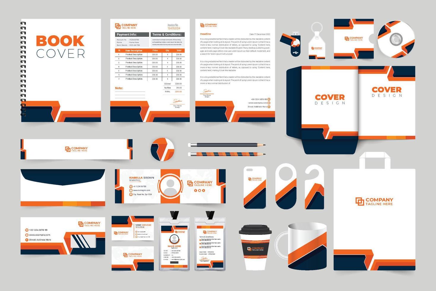 Business stationery and branding design with orange and black colors. Fashion brand promotion template with creative shapes. Corporate brand identity design with envelope and invoice. vector