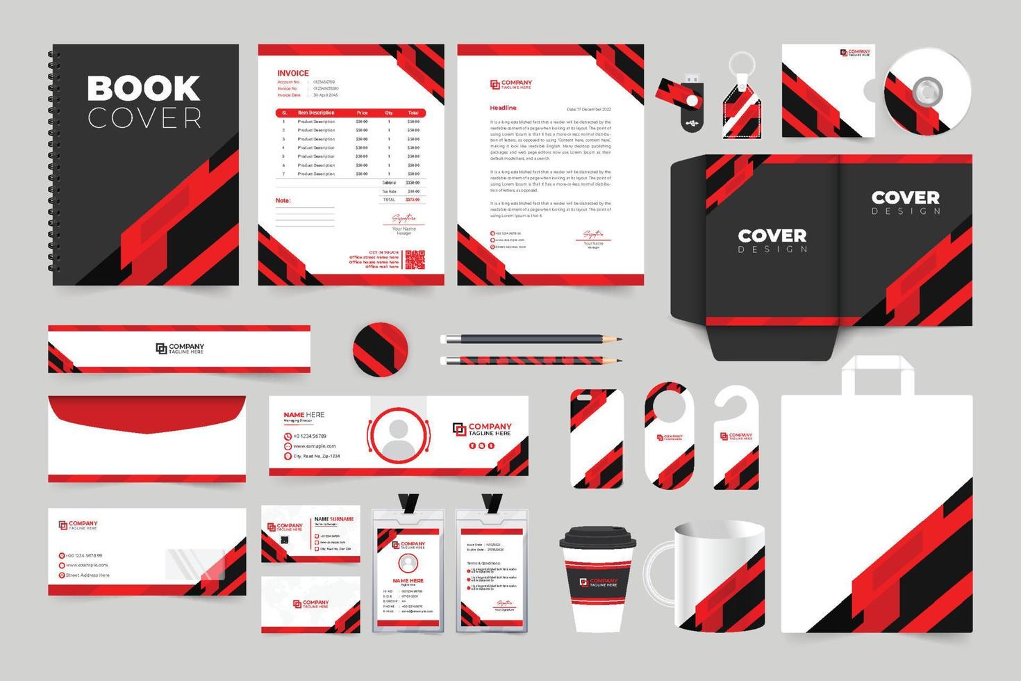 Brand identity design for office stationery with black and red shapes. Corporate business identity template bundle with creative branding shapes. Business promotional stationery design for branding. vector