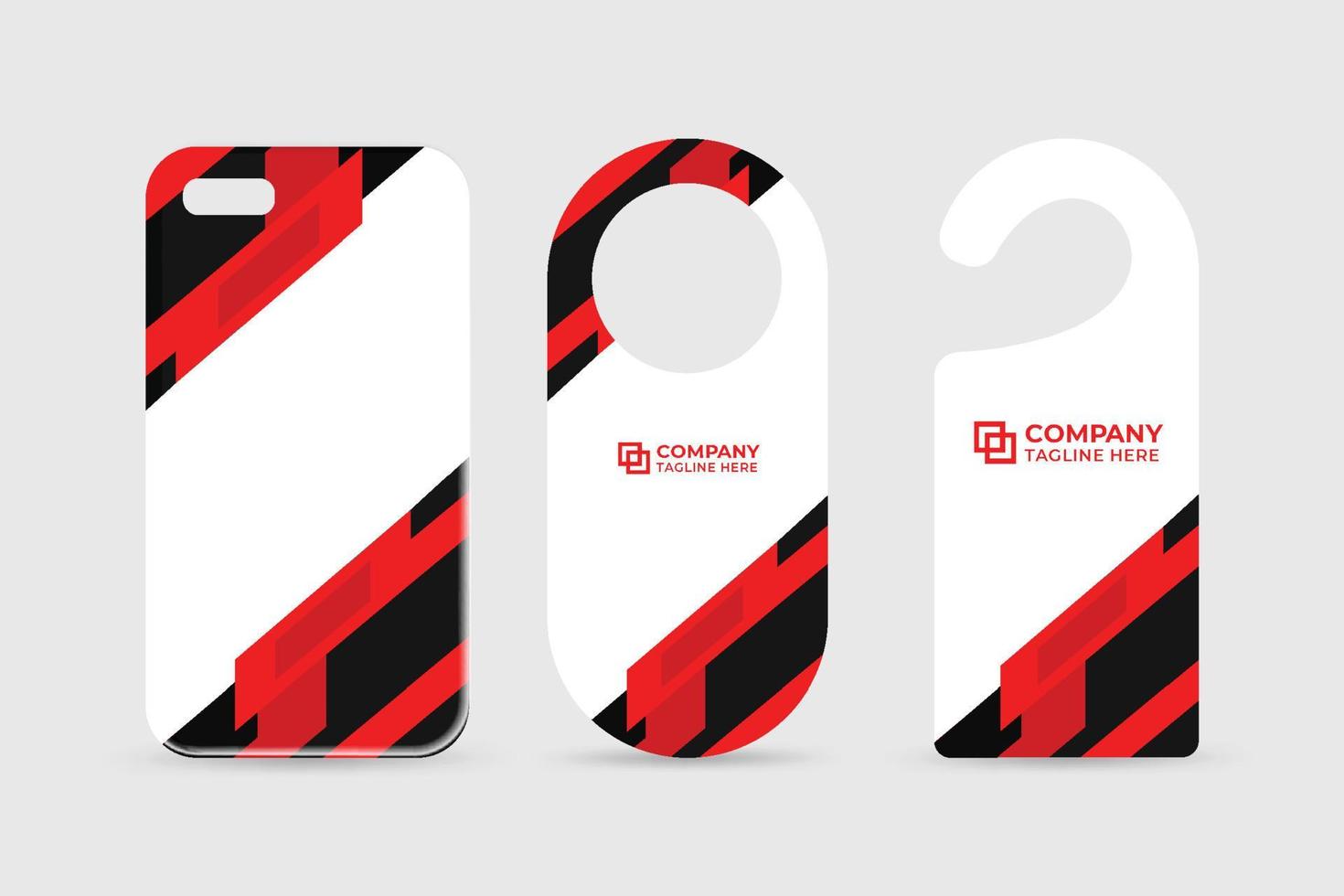 Company brand identity template collection with red and dark colors shapes. Brand identity template design on a phone case and door hangers. Business stationery set vector for company advertisement.