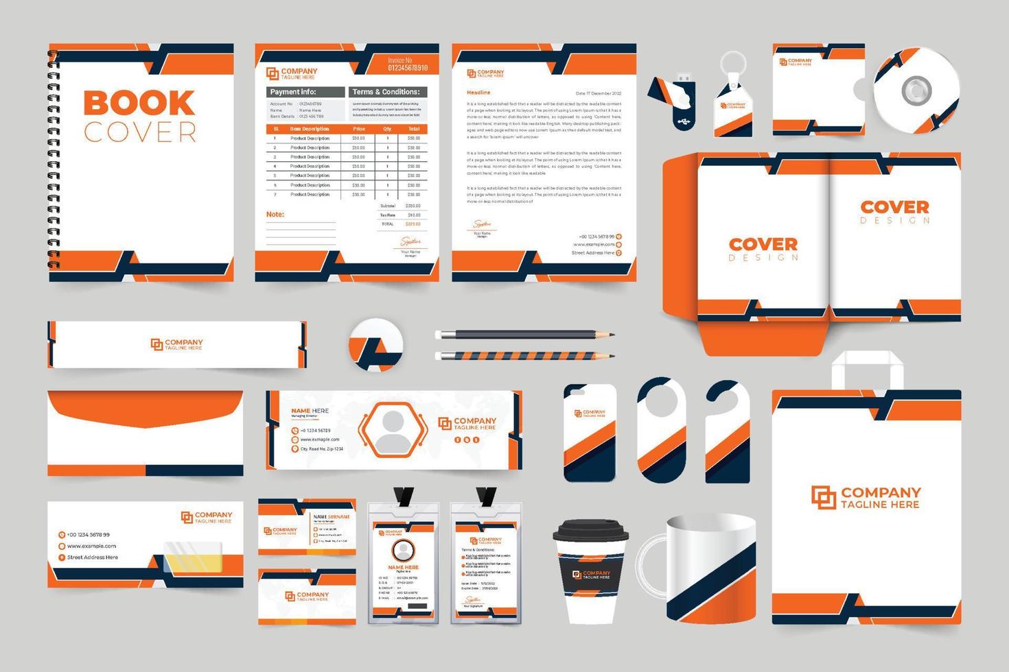 Business promotion template bundle with dark and orange colors. Modern business brand advertisement layout design for marketing. Corporate brand identity template design for office stationery. vector