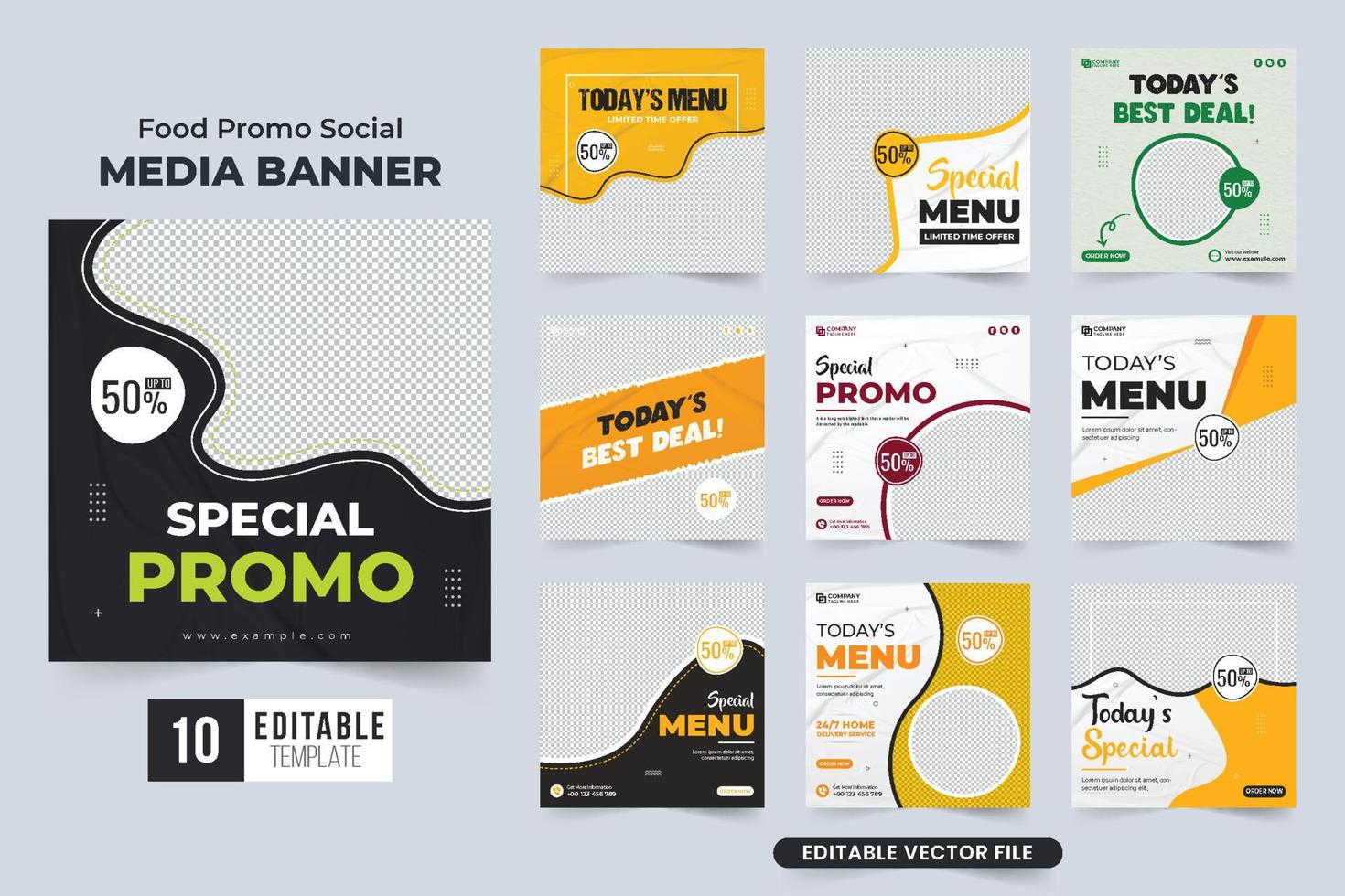 paquete especial de plantillas de promoción de alimentos con colores oscuros y amarillos. conjunto de plantillas de póster de promoción de negocios de restaurantes modernos para marketing. vector de colección de banner web de publicidad de comida culinaria.