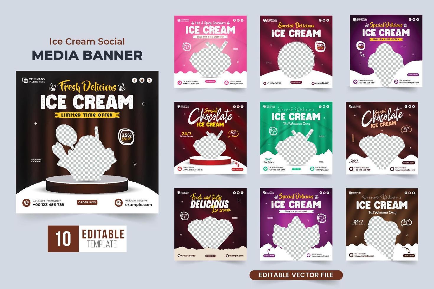 Special ice cream discount offer template collection for digital marketing. Ice cream and dessert social media post set vector with dark and green colors. Ice cream business template bundle design.