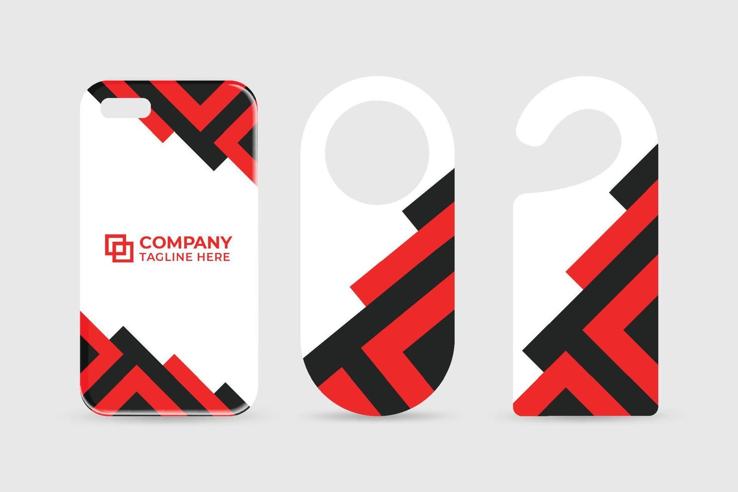 Brand identity template collection with red and dark colors. Corporate identity template bundle with abstract shapes on a phone case and door hangers. Company marketing template design. vector