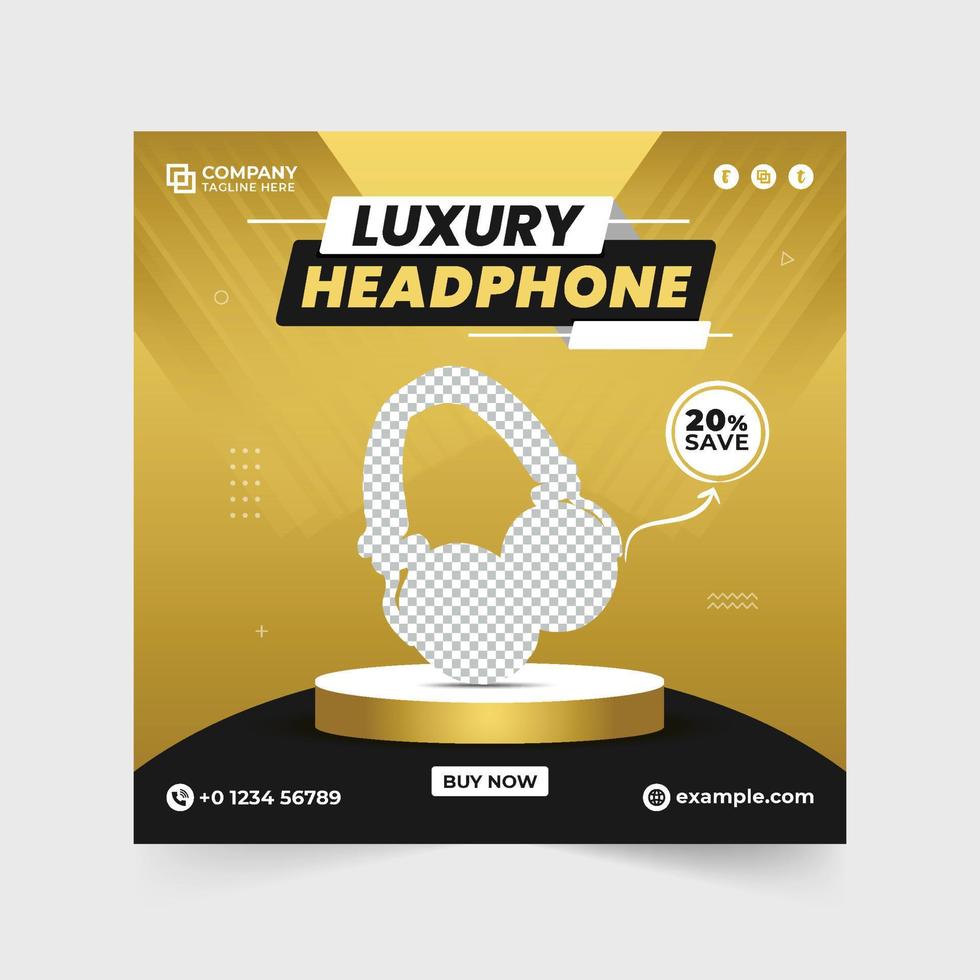 Luxury headphone social media post vector with discount offer section. Wireless headphone brand promotion web banner design with golden and dark colors. Headphone sale template for marketing.