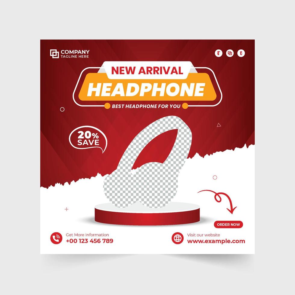 plantilla de oferta de descuento de venta de auriculares especiales con colores rojo y morado. diseño de banner web promocional de auriculares con formas abstractas. vector de publicación de redes sociales de anuncio de auriculares moderno.