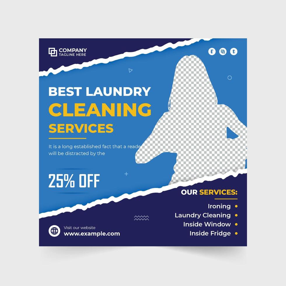 Laundry cleaning service social media post vector with yellow and blue colors. Laundry service promotional web banner design with abstract shapes. Cloth washing business template vector.