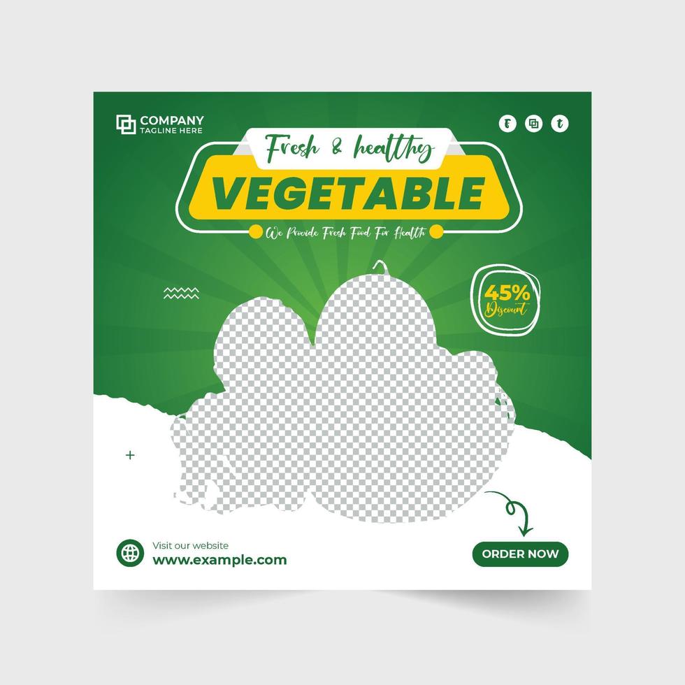 diseño de publicación de vegetales saludables en medios sociales con colores amarillo y verde. plantilla de negocio de suministro de alimentos orgánicos para marketing en redes sociales. vector de cartel promocional de venta de verduras con formas abstractas