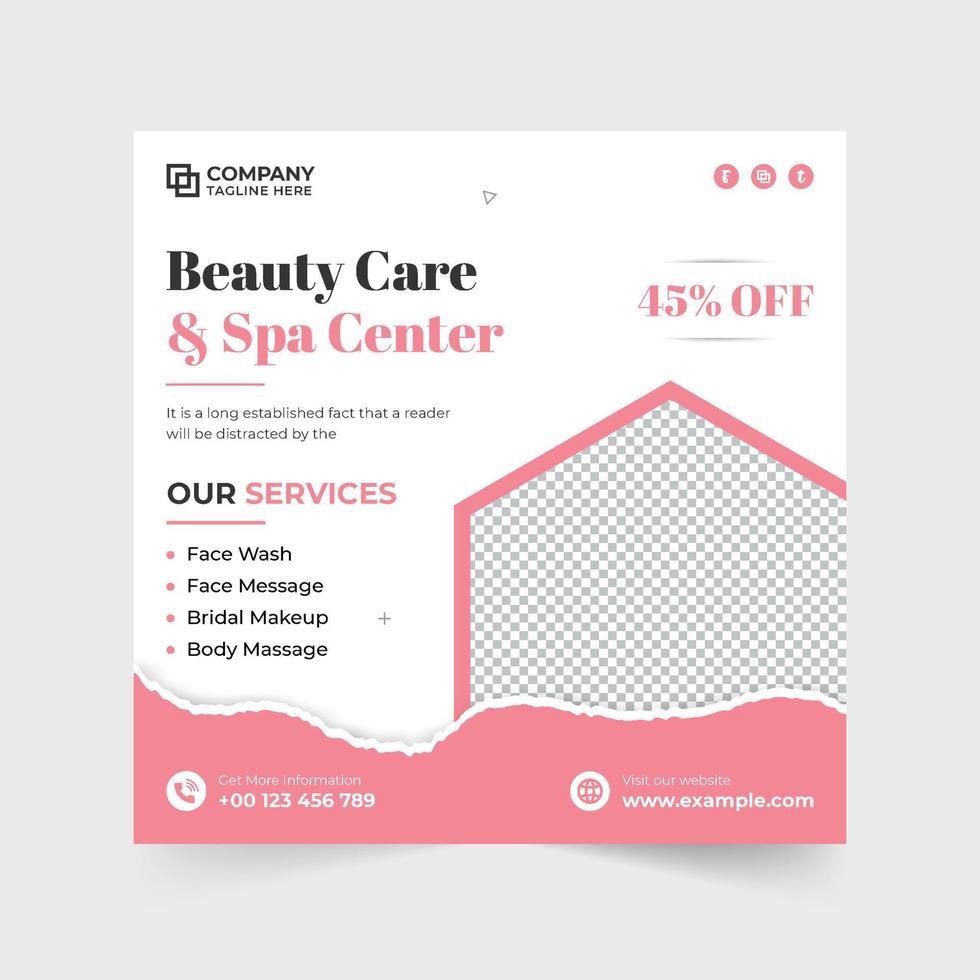 Modern spa center social media promotion template vector with pink and dark colors. Beauty care business advertisement poster design with abstract shapes. Salon and spa center web banner for marketing