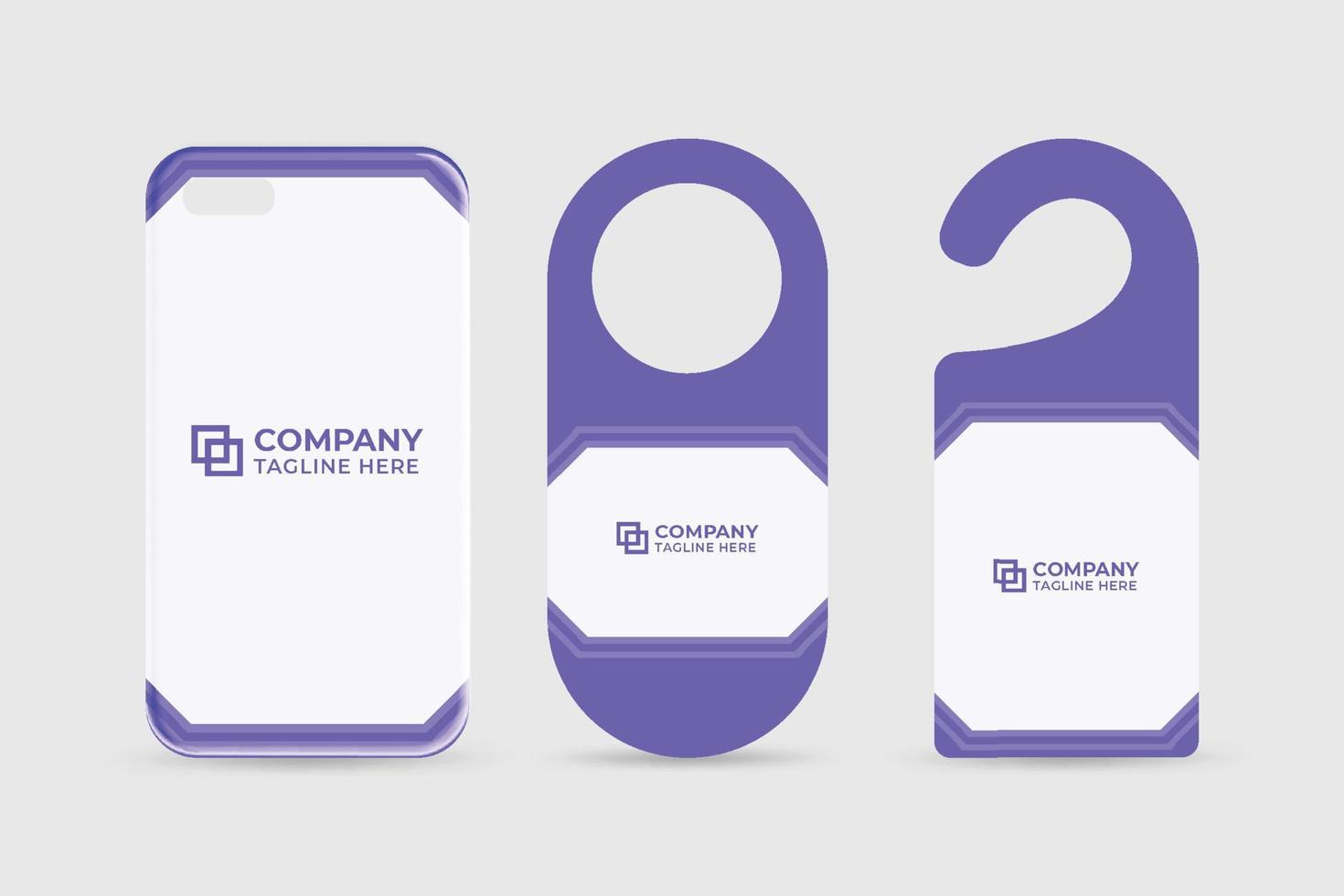 Company advertisement template design with purple shapes. Business office stationery design with abstract shapes. Branding layout design for corporate business on a phone case and door hangers. vector