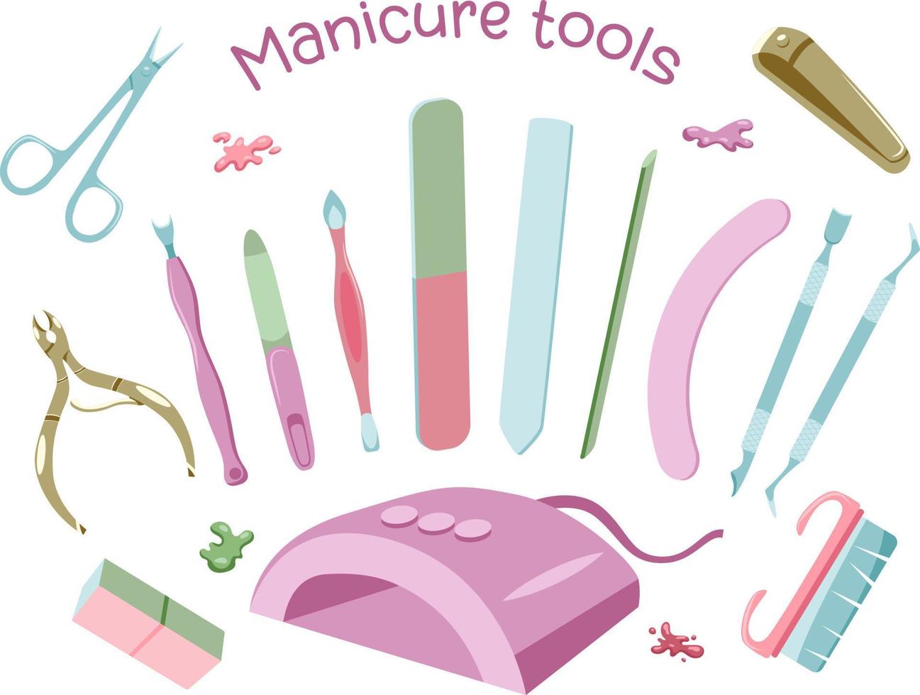 Manicure set of tools and equipment pastel coloured flat style isolated on white background vector