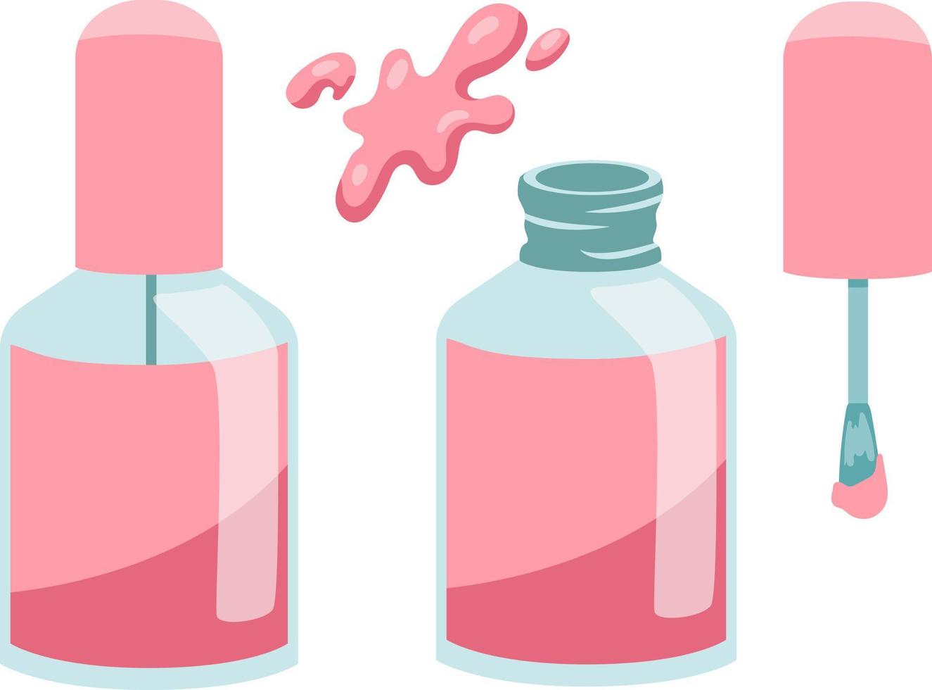 Manicure pink nail polish set. Nail polish bottle and brush isolated on white background flat style vector