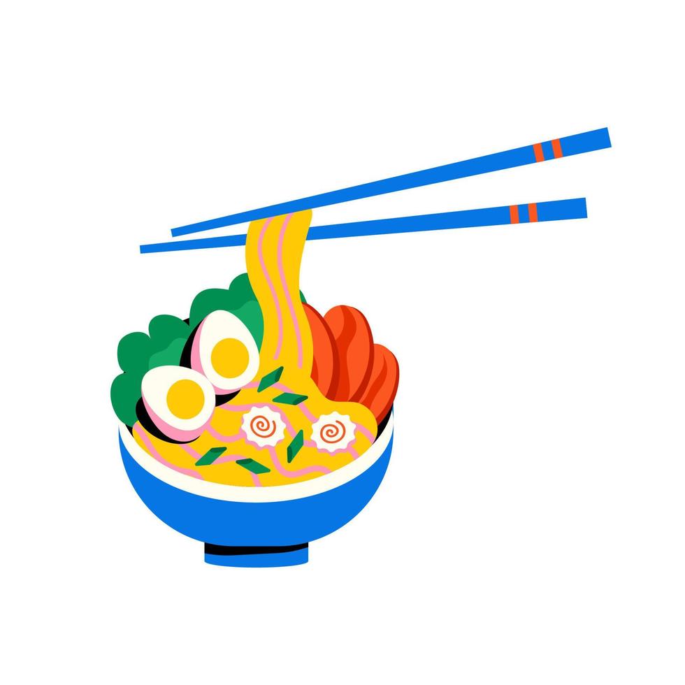 Asian food Ramen soup. Japanese dish with noodles, egg, pork and narutomaki in blue bowl vector