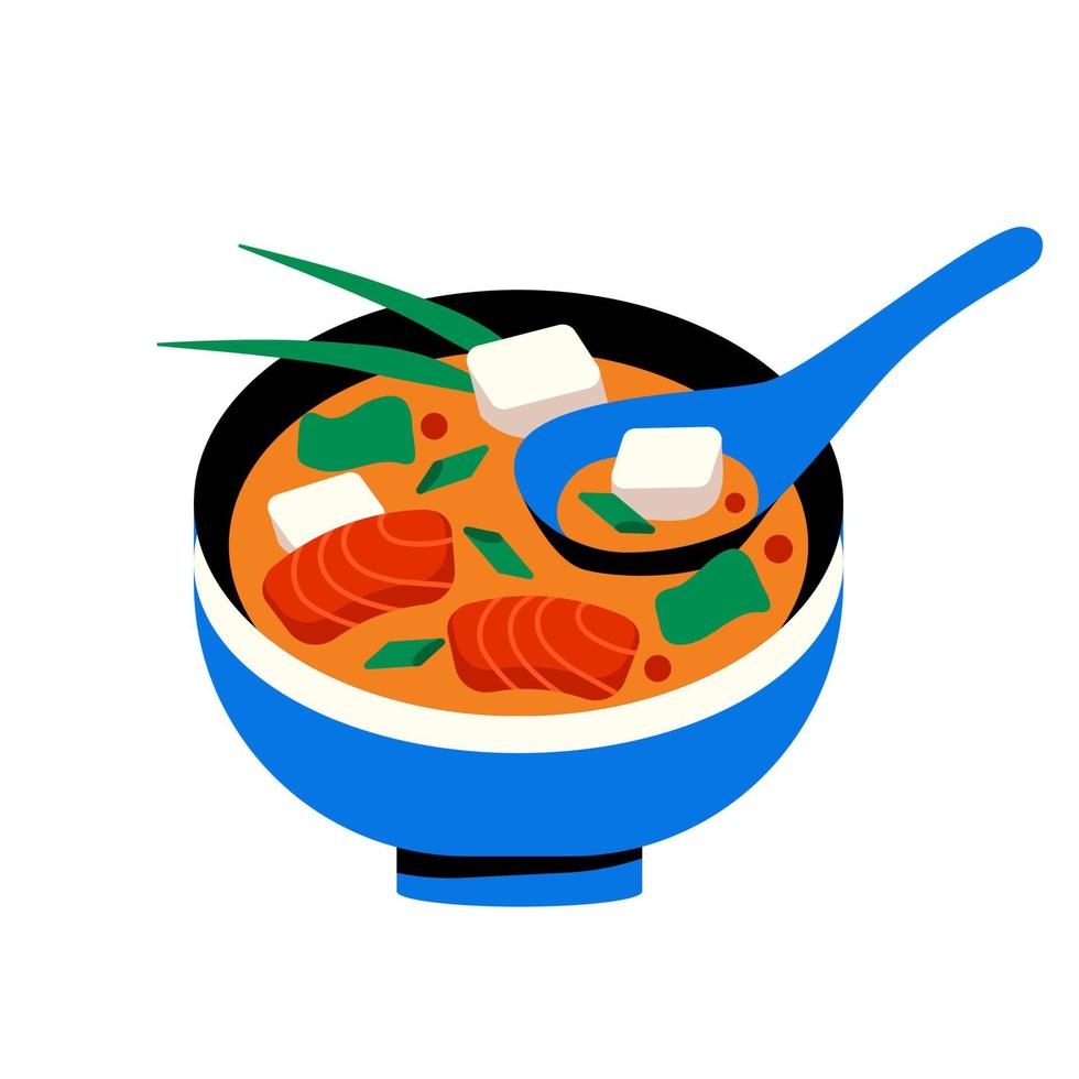 Asian food Miso soup. Japanese dish with nori, fish and tofu in a blue bowl. Traditional food vector