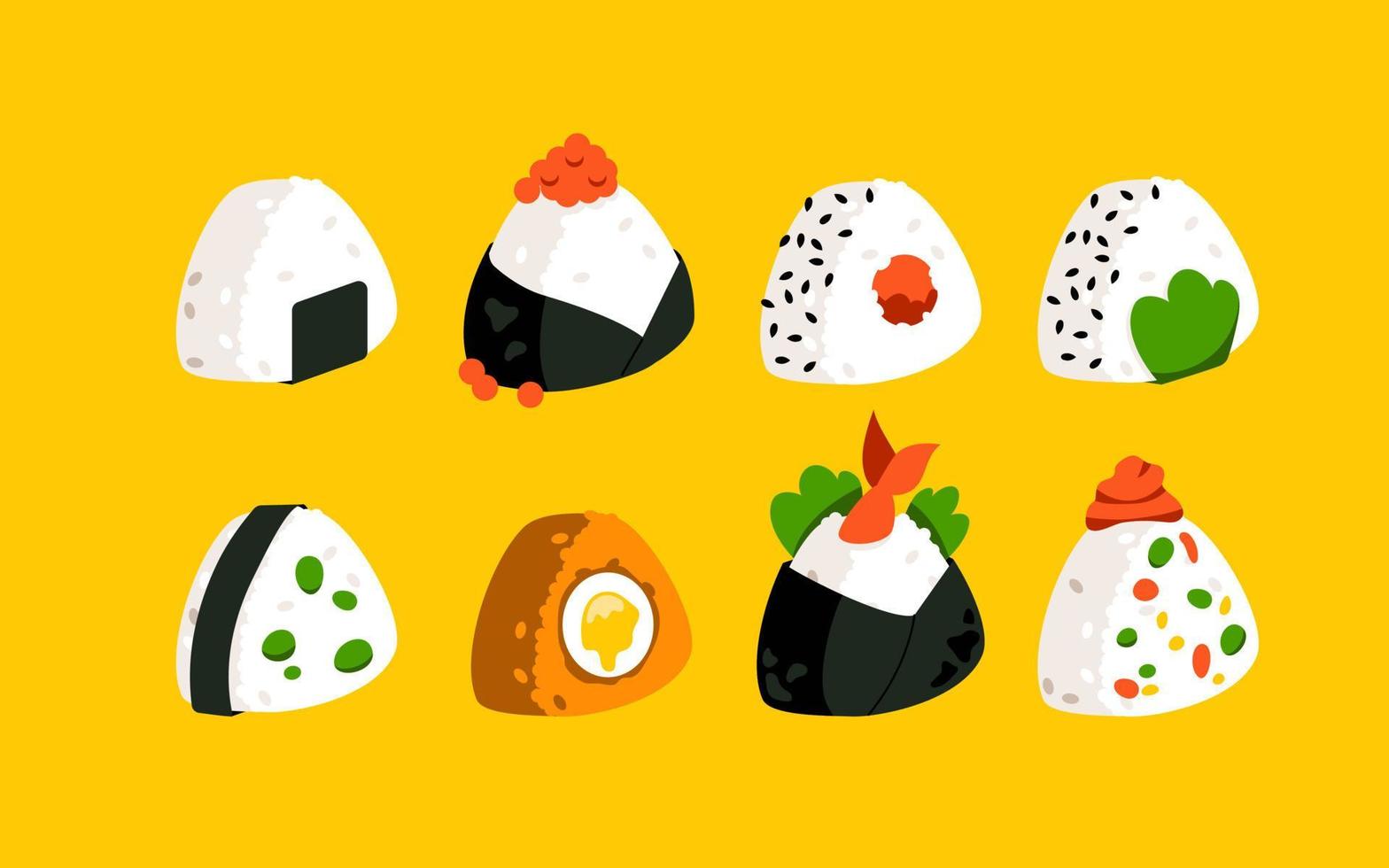 un conjunto de onigiri. comida asiática de arroz. comida rápida japonesa. onigiri con varios rellenos vector