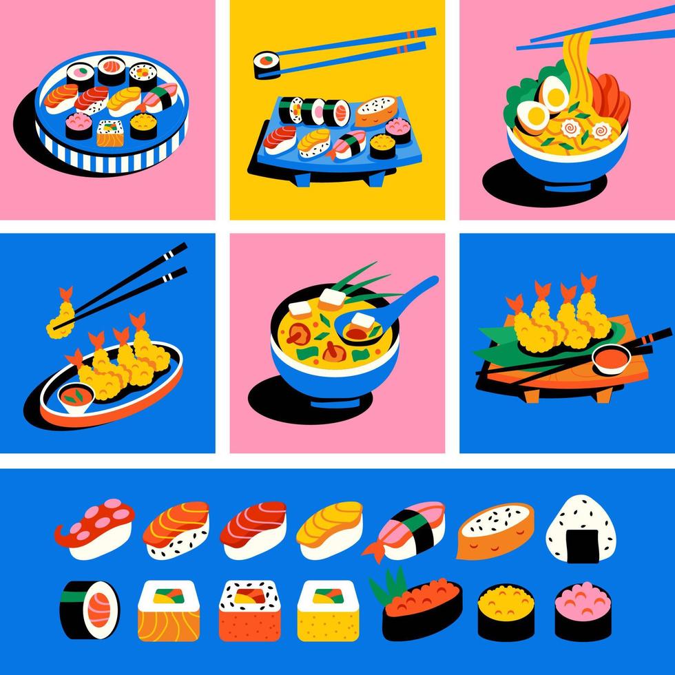 un conjunto de platos asiáticos. comida asiática en platos con palillos chinos. sushi, sopa de miso, rollos vector