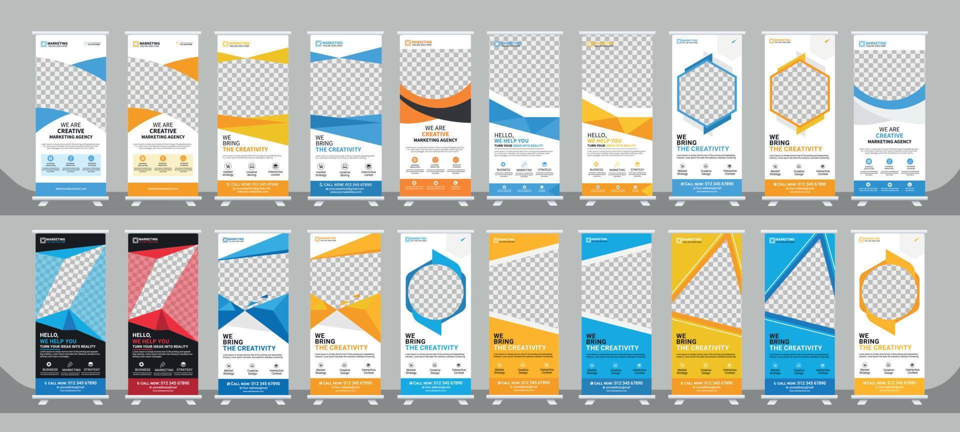 Corporate Business RollUp Banner Design. and x-banner, and flag-banner Set template vector