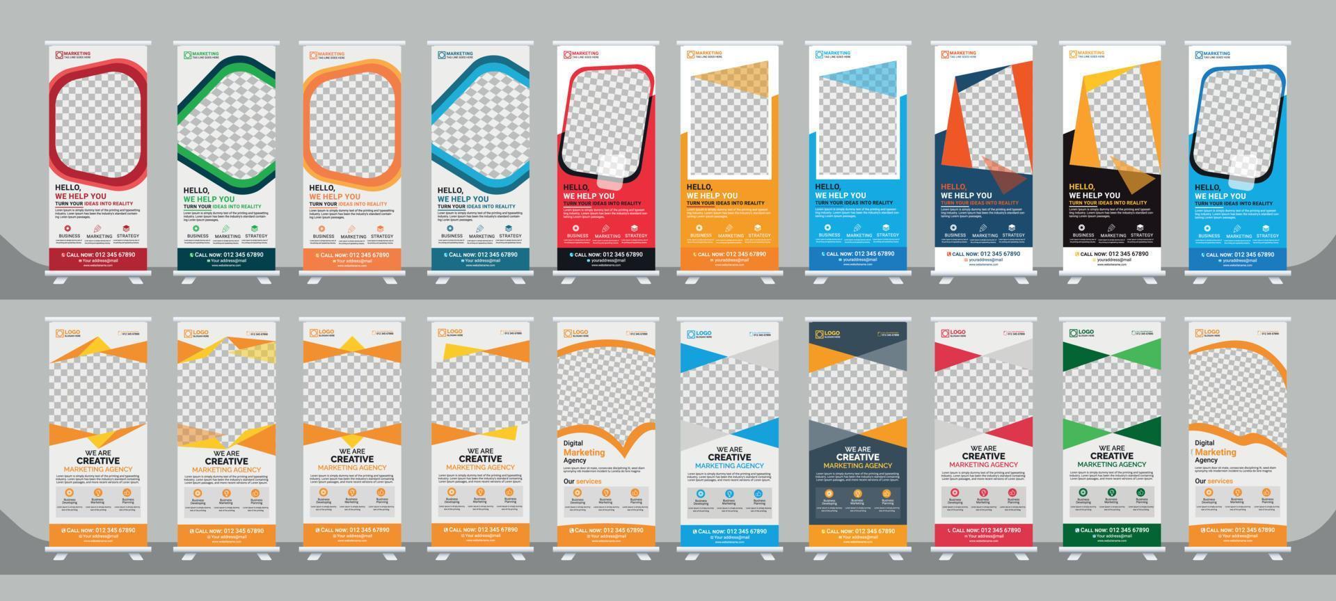 Corporate Business RollUp Banner Design. and x-banner, and flag-banner Set template vector