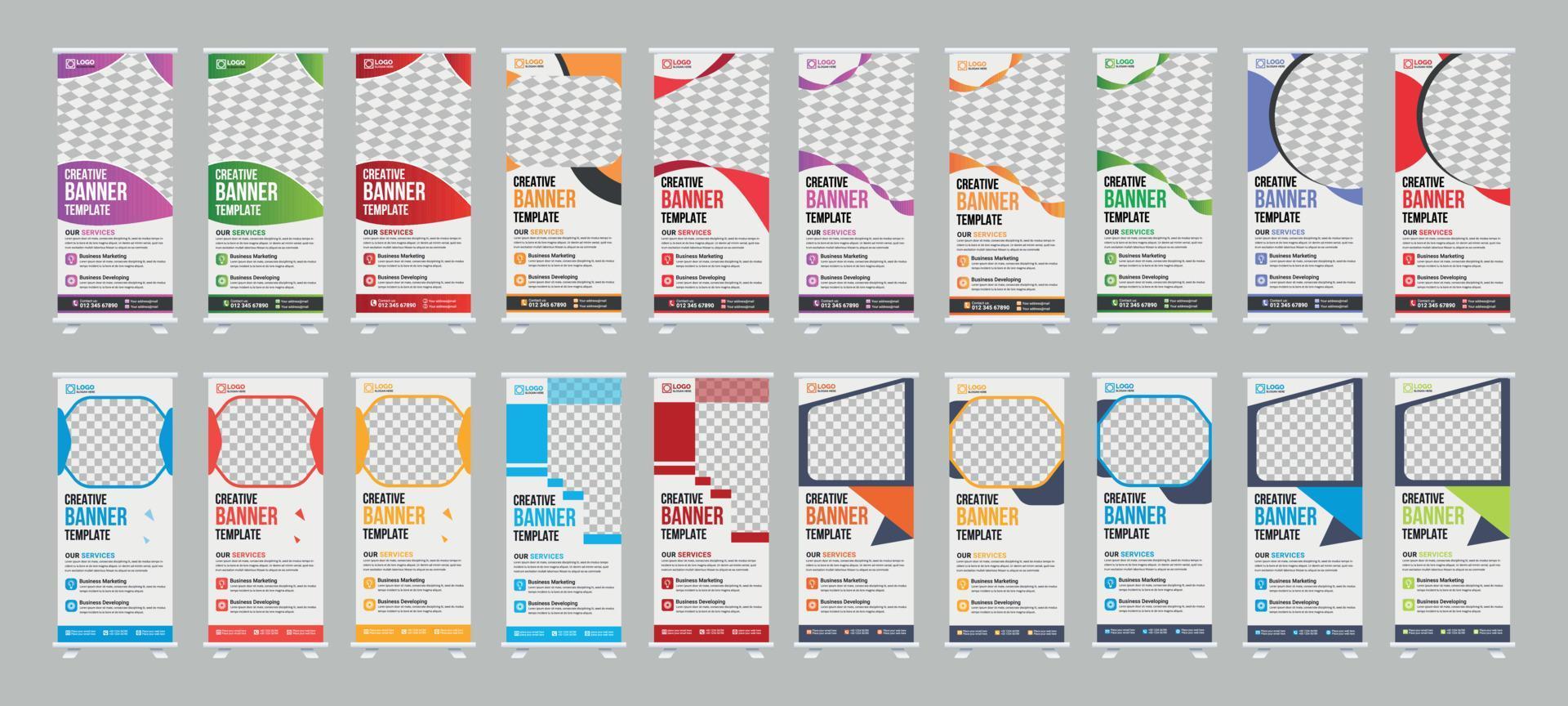 Corporate Business RollUp Banner Design. and x-banner, and flag-banner Set template vector