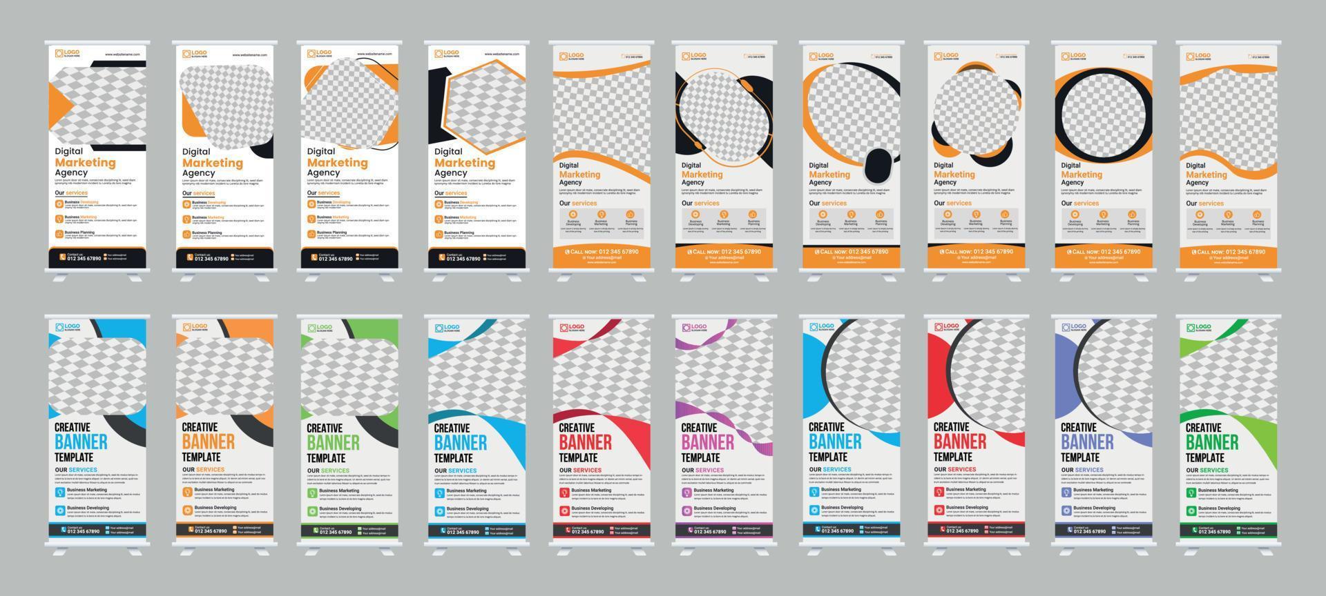 Corporate Business RollUp Banner Design. and x-banner, and flag-banner Set template vector