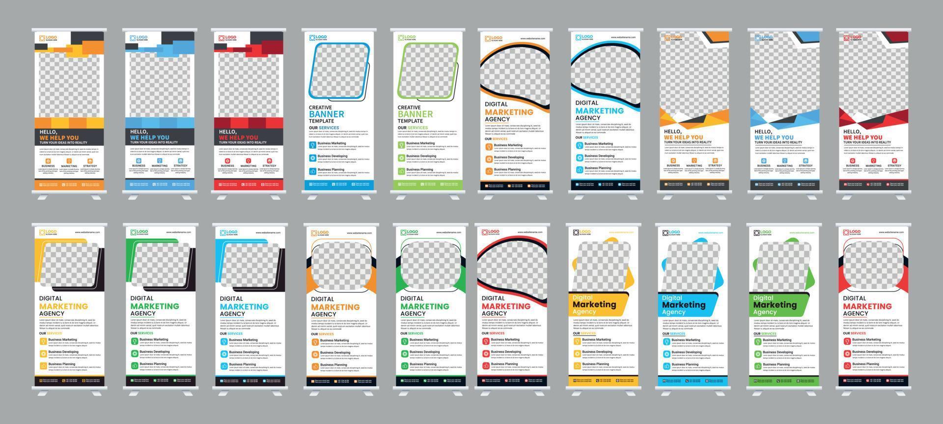 Corporate Business RollUp Banner Design. and x-banner, and flag-banner Set template vector