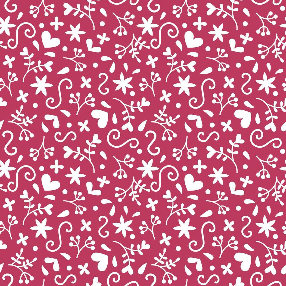 Seamless romantic pattern in doddle style on viva magenta pantone colour background. Valentine's day, wedding, mother's day. vector