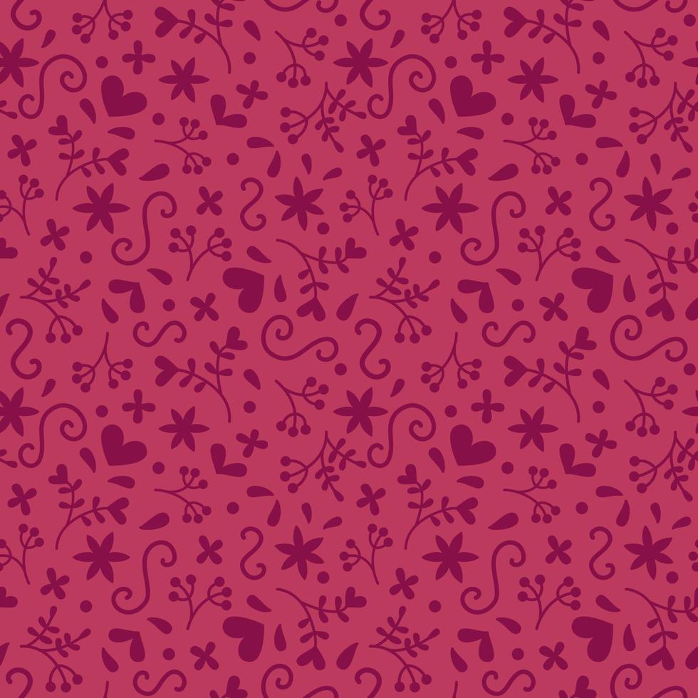 Seamless monochrome romantic pattern in doddle style on viva magenta pantone colour background. Valentine's day, wedding, mother's day vector
