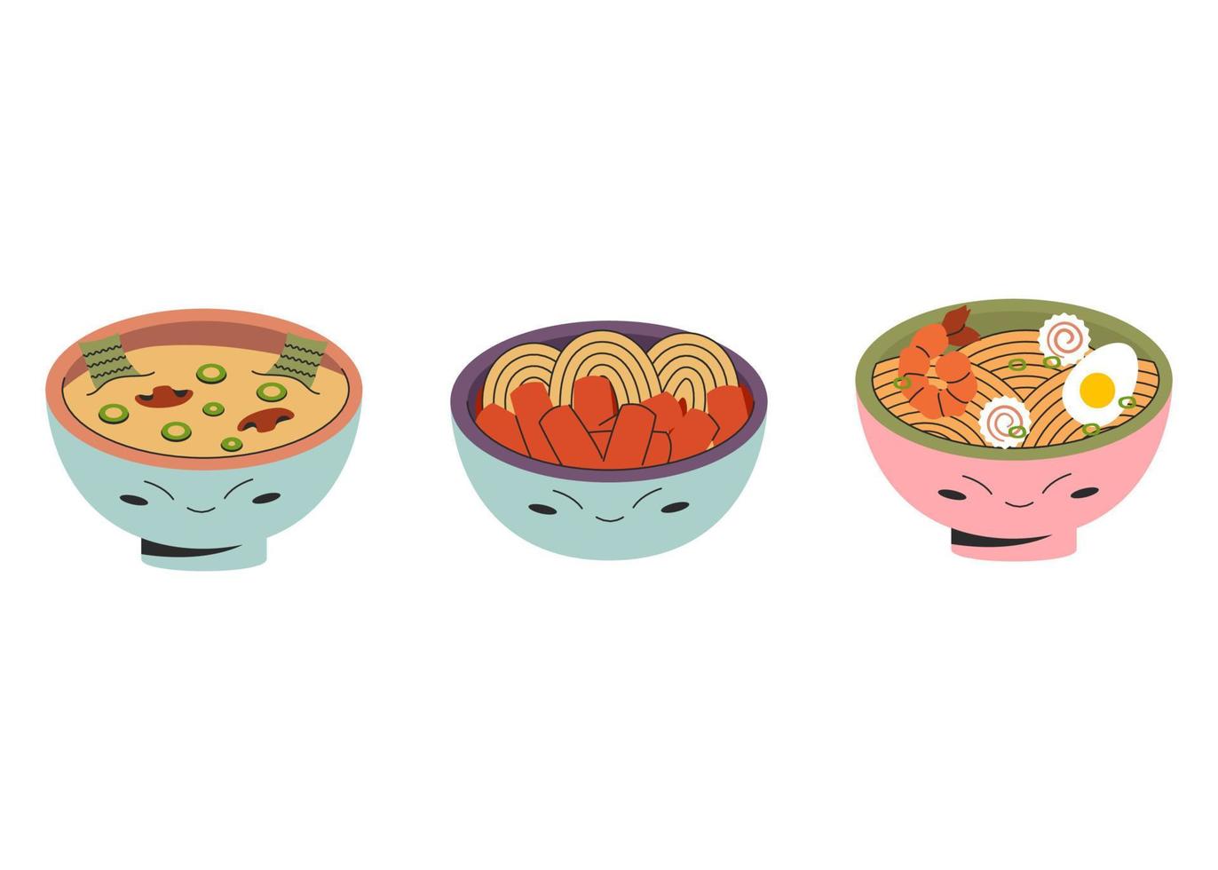 juego de tres tazones con comida asiática sopa de miso coreana tteokbokki ramen japonés estilo plano. ilustración de stock vectorial aislada sobre fondo blanco. estilo plano vector