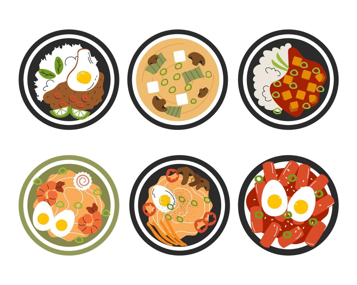 conjunto de colección de seis platos asiáticos tradicionales. concepto de comida ilustración de stock vectorial aislada sobre fondo blanco. estilo plano vector