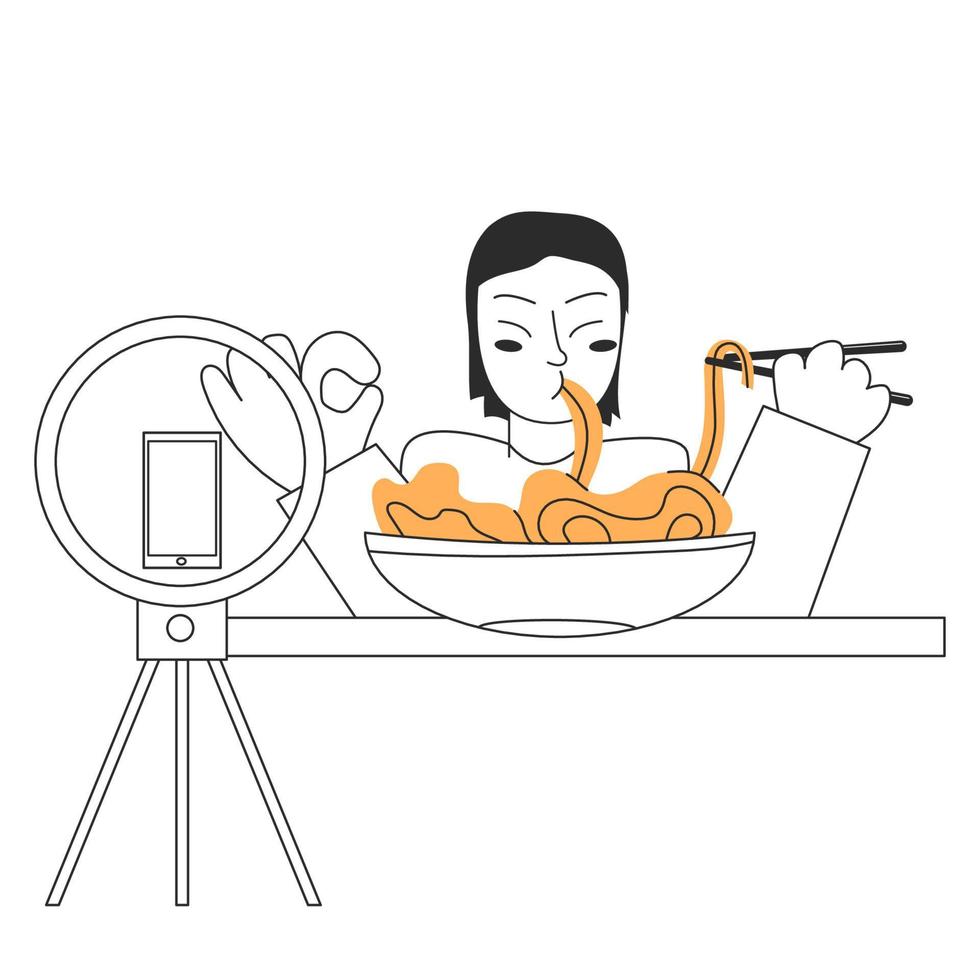A young man is filming a broadcast of eating ramen mukbang noodles korean culture. Food concept. Vector stock illustration isolated on white background in flat style
