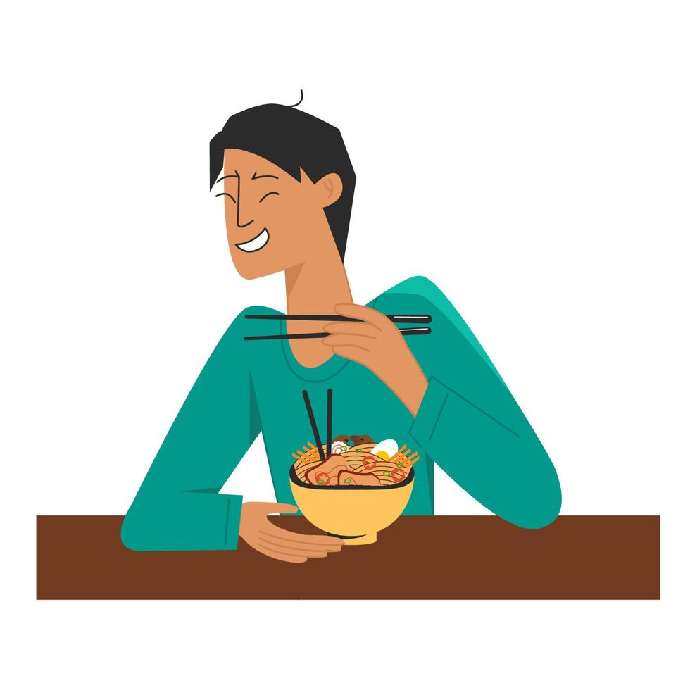 Young man sitting at the table and eating ramen Japanese popular food. Man holding chopsticks in hand. Food concept. Vector stock illustration isolated on white background in flat style