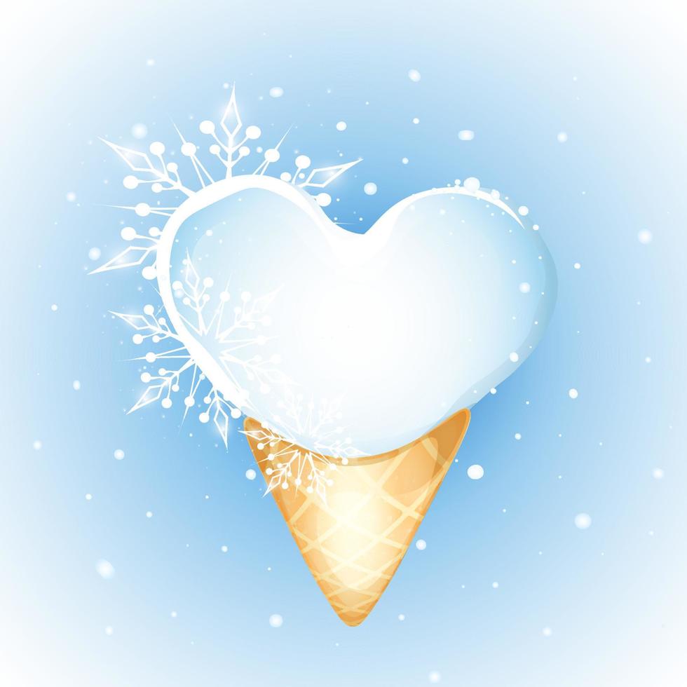 White heart in ice cream cone decorated with snowflakes under winter snowfall vector