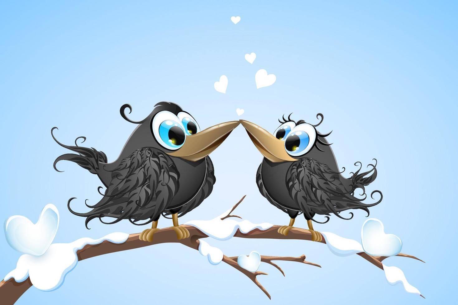 caricatura, lindo, pareja, de, negro, cuervos, enamorado, en, rama de árbol, con, nieve, corazones vector