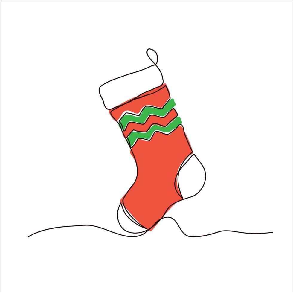 Christmas sock one line drawing on white background. Vector illustration