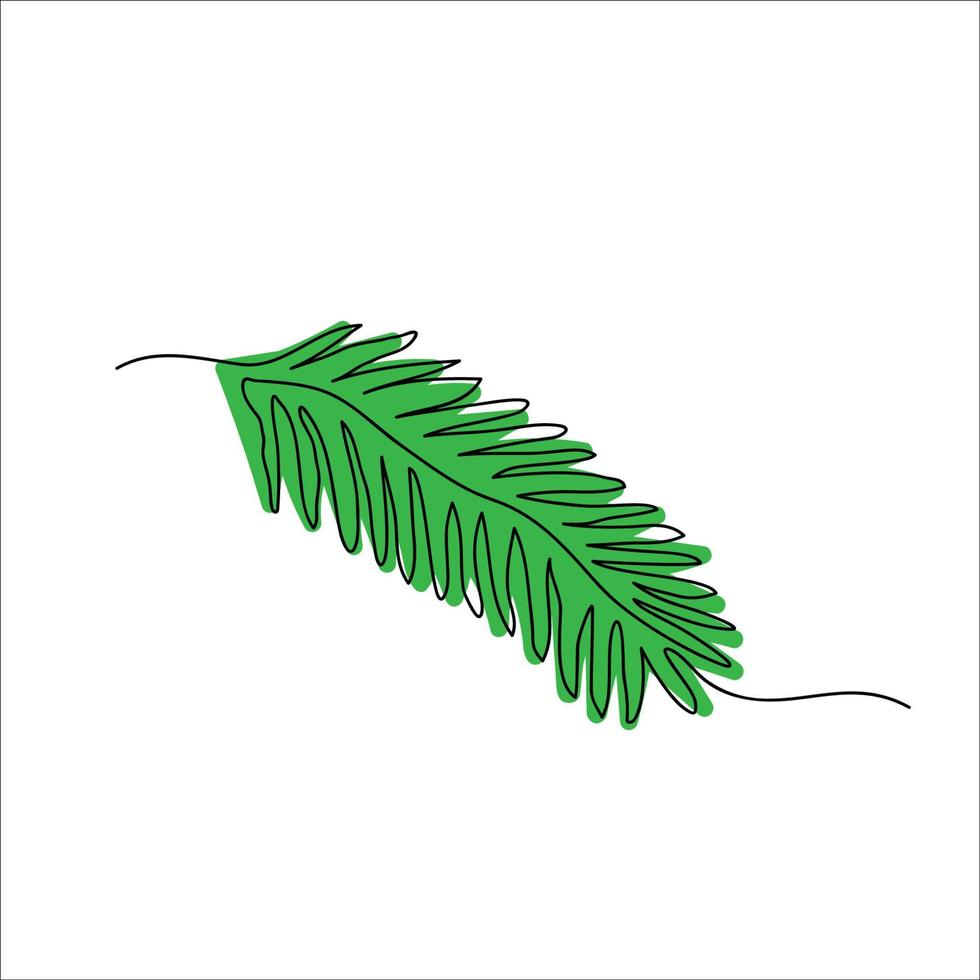 Doodle of fir branch in one line drawing . Hand drawn vector illustration of winter tree twig isolated on white backdrop. Evergreen sprig of pine, fir, spruce.