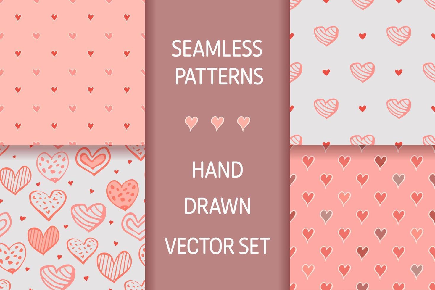 Set seamless patterns with hand-drawn hearts in boho style. Vector romantic background. Great for fabric, textile, apparel.