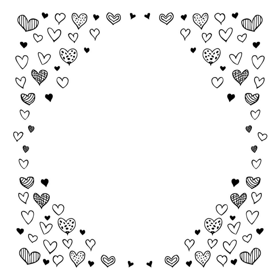 A frame of hearts. Hand-drawn cartoon cute doodle design isolated on white background. Template for Valentine s or wedding. Vector illustration.