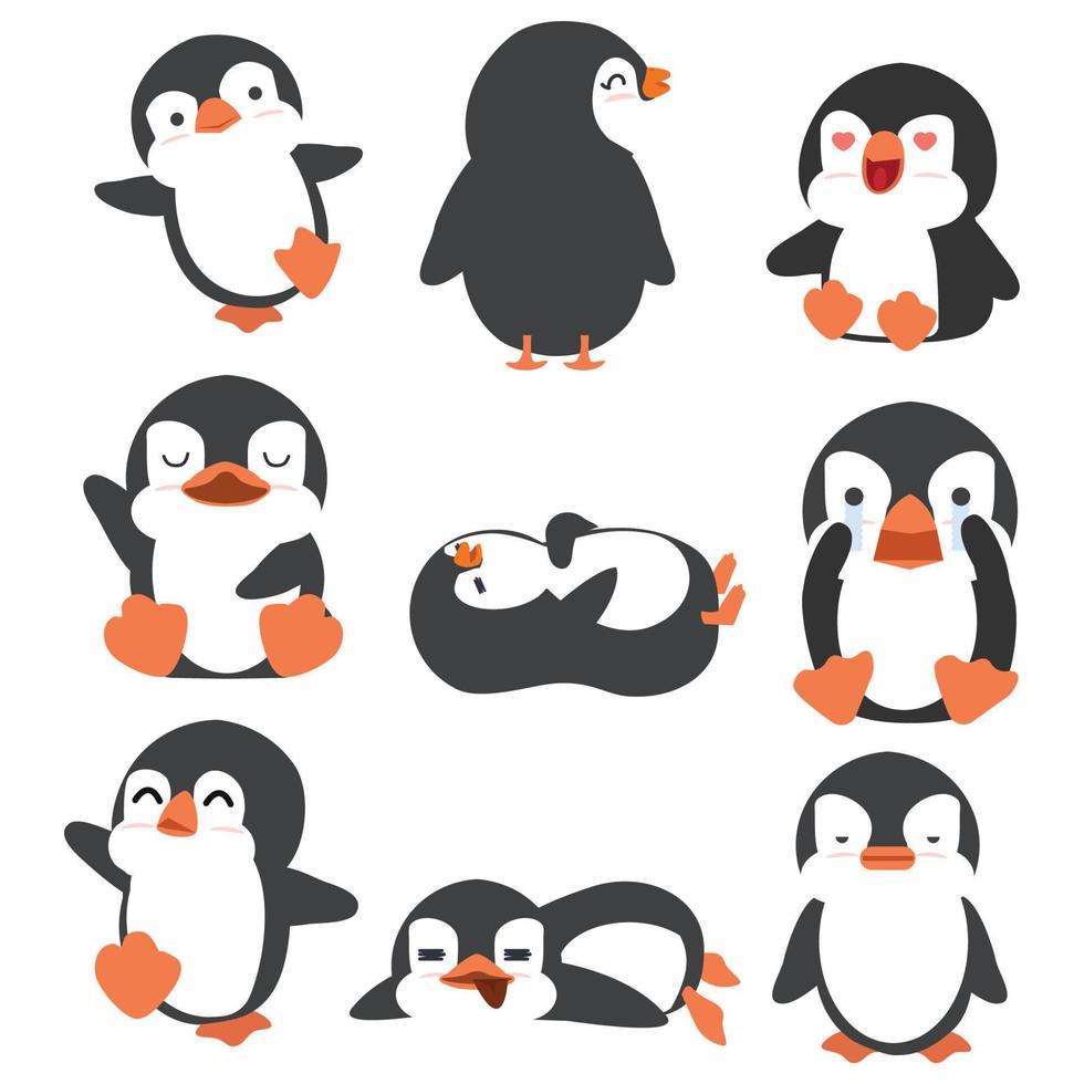 lindo pequeño conjunto de dibujos animados de pingüinos vector