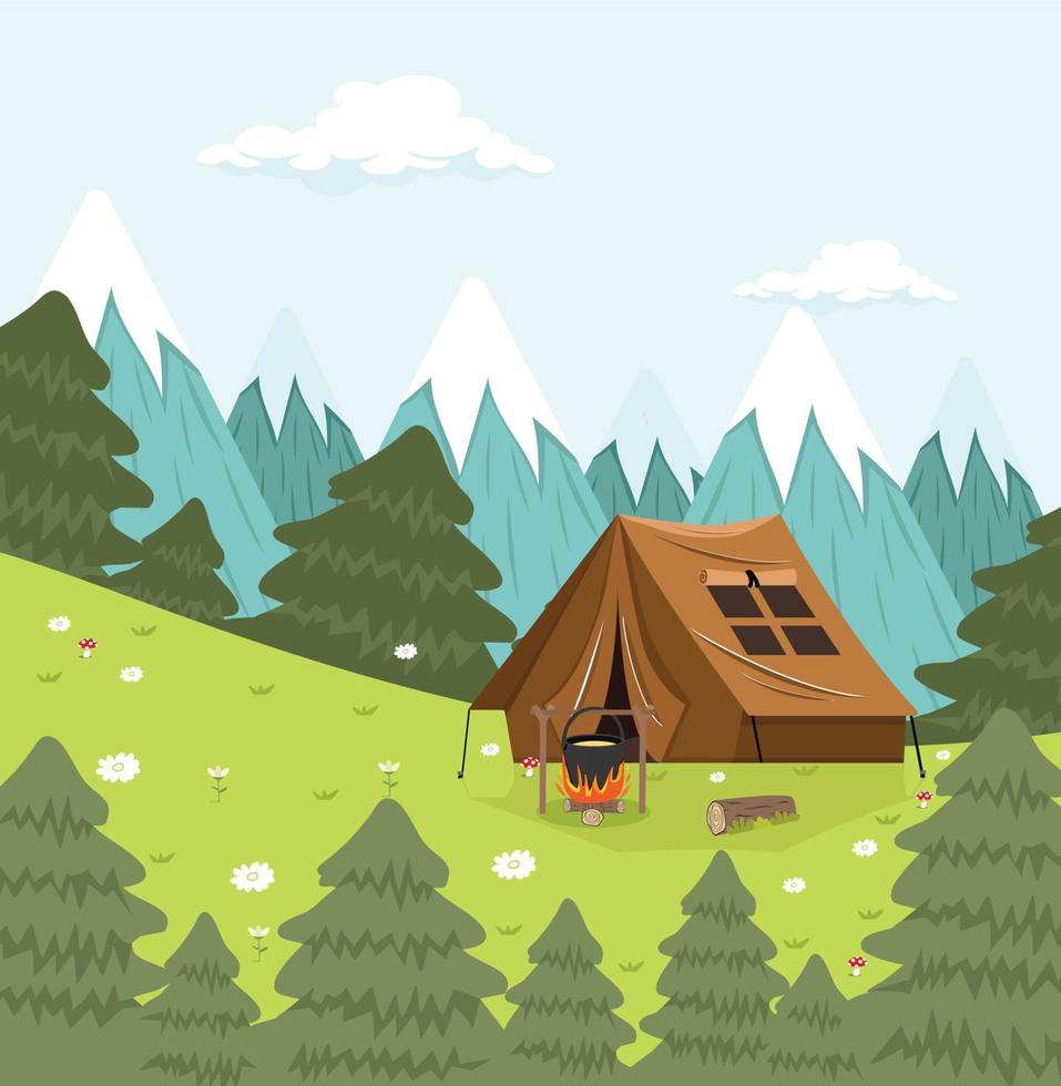 camping verano bosque dibujos animados plano vector