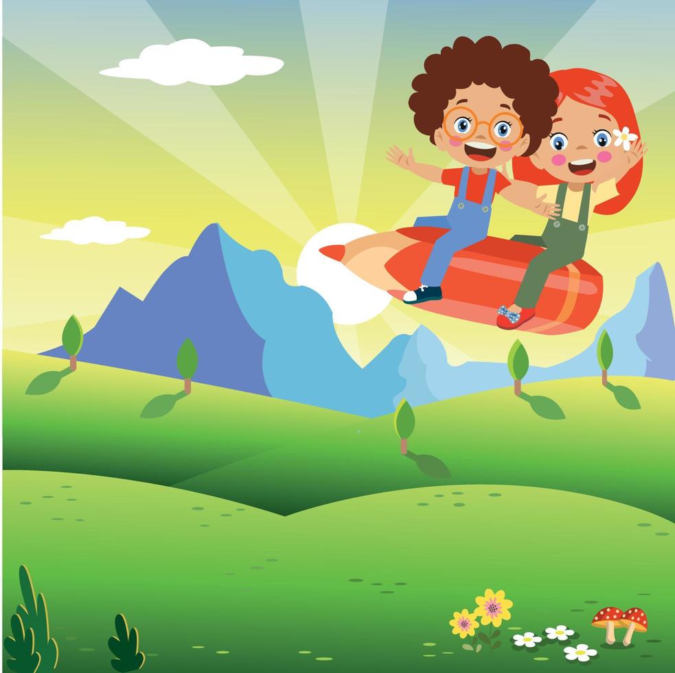 cute boy flying on pencil vector