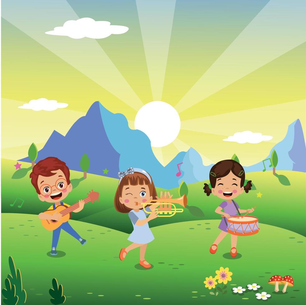 happy children playing instruments and singing vector