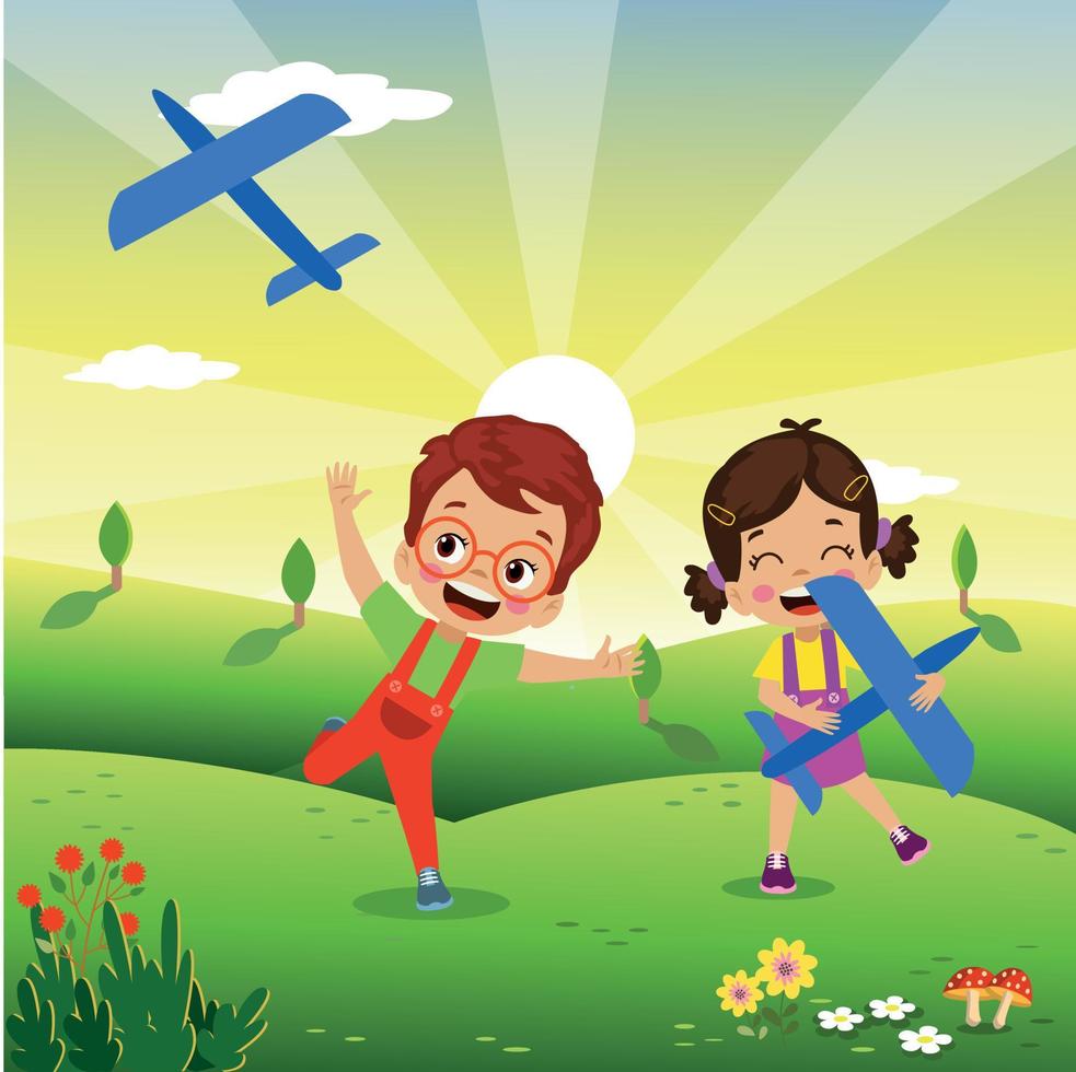 cute kids flying model airplanes vector