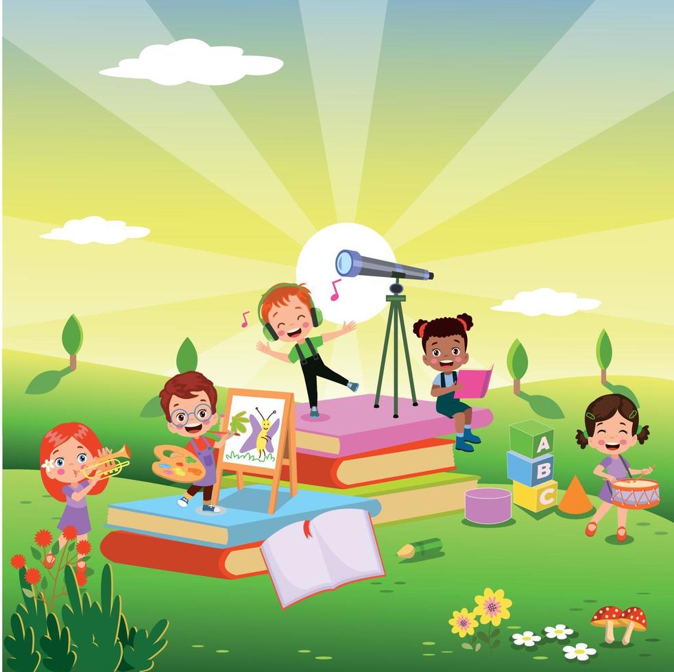 nature outdoor with cute kids books and letter cubes vector