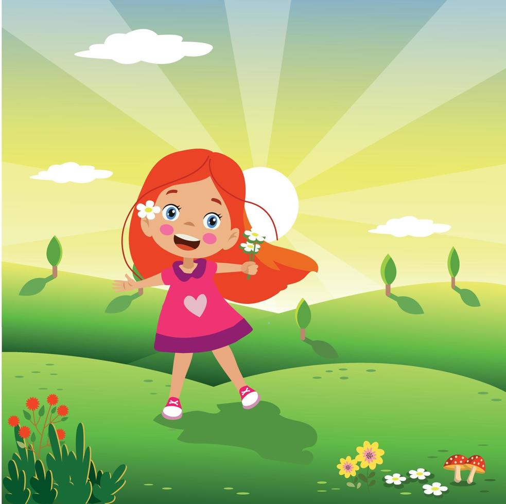 cute girl with flowers in the field vector