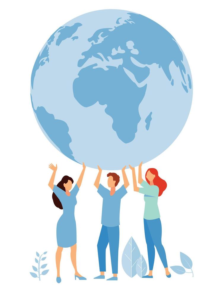 People hands reach for globe earth vector