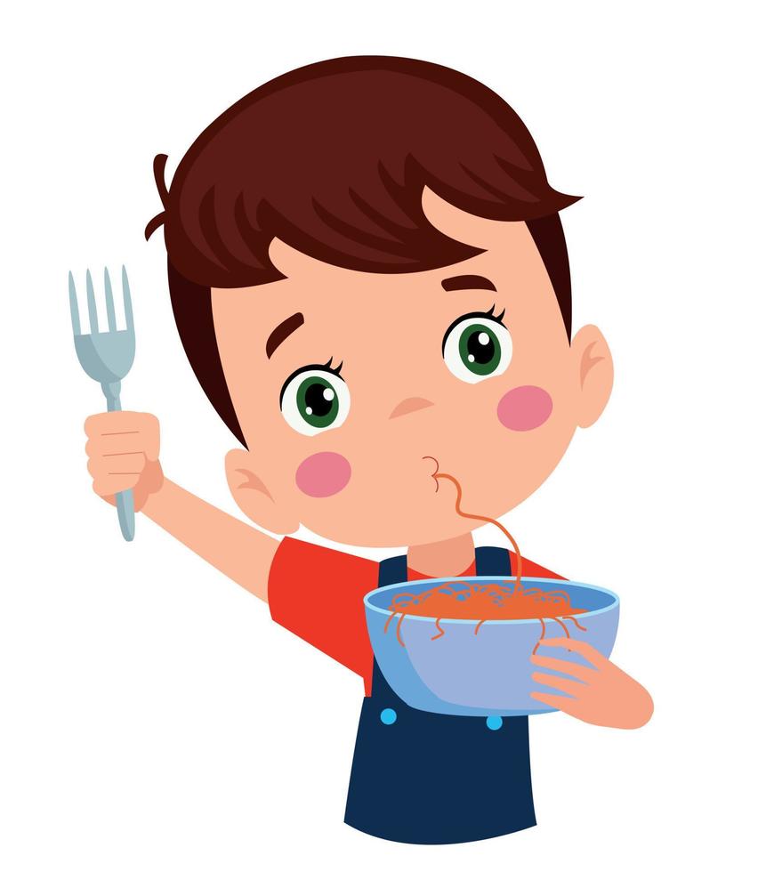 cute little boy eating spaghetti pasta vector