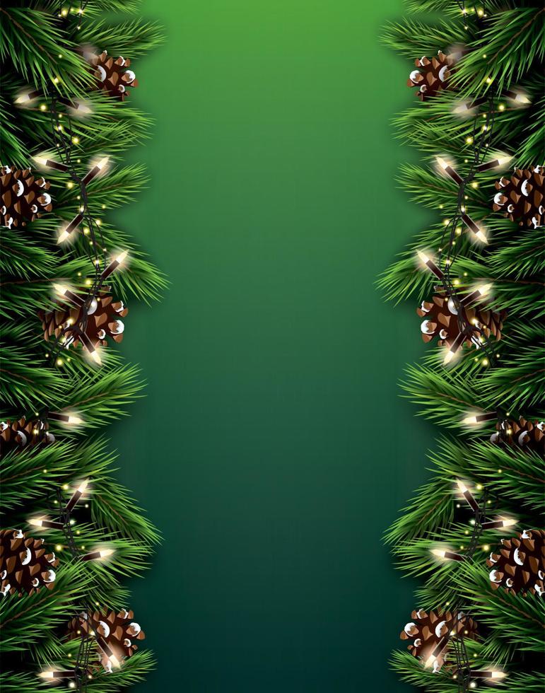 Fir Branch with Neon Lights and Pine Cone on Green Background. Merry Christmas. Happy New Year. vector