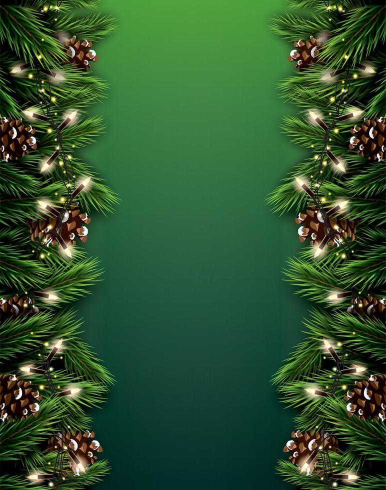 Fir Branch with Neon Lights and Pine Cone on Green Background. Merry Christmas. Happy New Year. vector